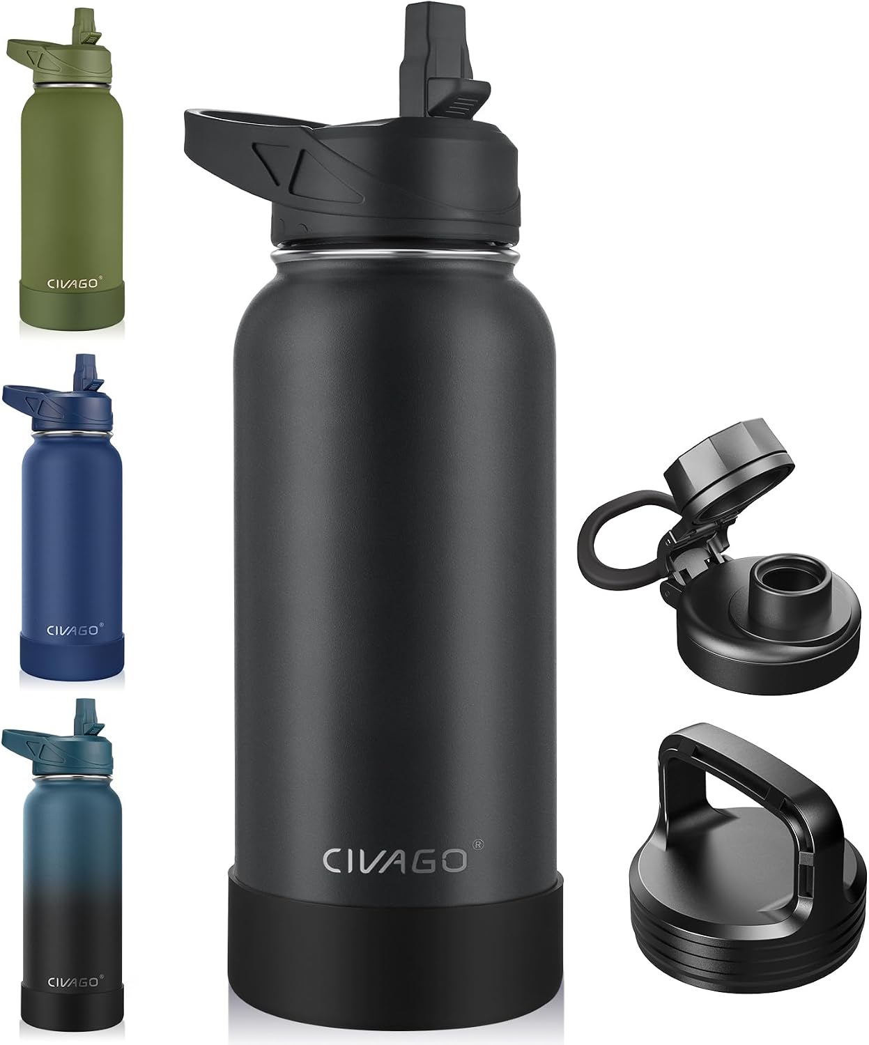 CIVAGO 32 oz Insulated Stainless Steel Water Bottle With Straw and 3 Lids | Large Metal Sports Water Jug, Leakproof Reusable Wide Mouth Thermal Flask Cup with Silicone Boot, BPA-Free, Black