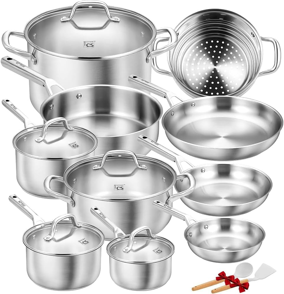 KOCH SYSTEME CS Stainless Steel Cookware Set 17 Piece with 5 Layer Base, Professional 18/10 Stainless Steel Pots and Pans Set, Oven Safe, Induction Ready, Non-Toxic Kitchen Cookware Set