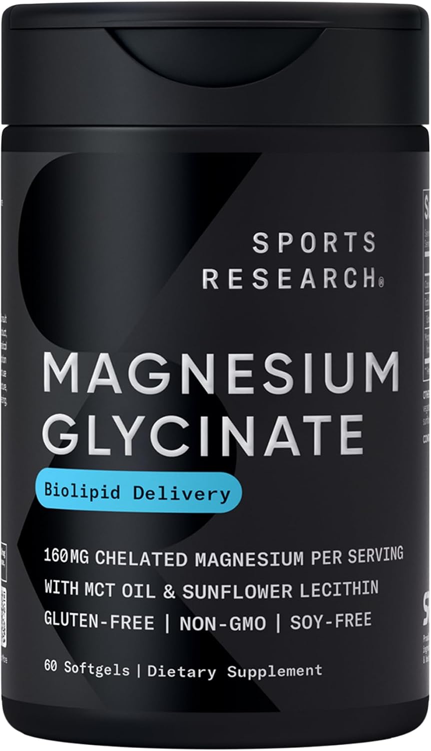 Sports Research® Magnesium Glycinate 160mg w/Coconut MCT Oil, 60 Softgels