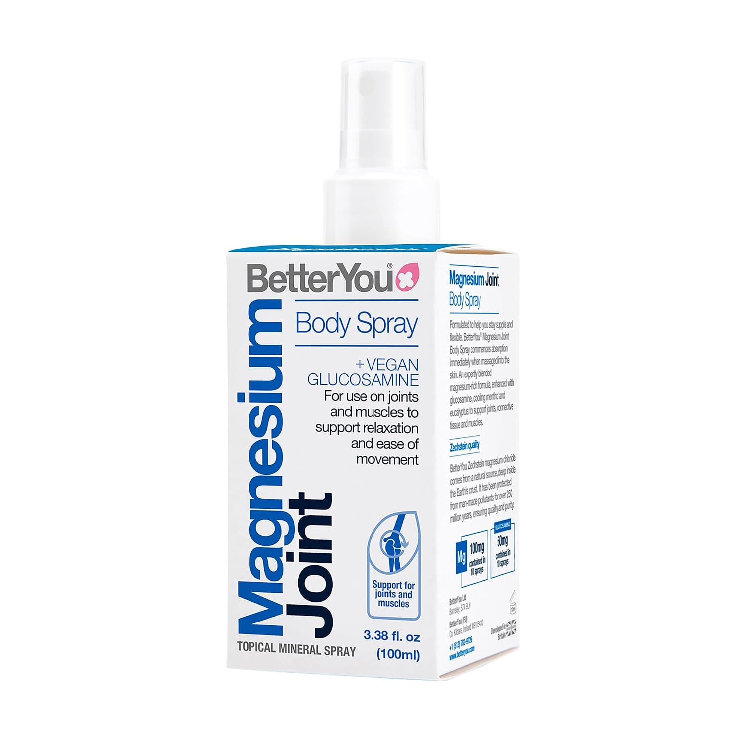BetterYou Magnesium Joint Body Spray – Muscle Relief Spray – Topical Magnesium Chloride and Glucosamine – Cooling Menthol and Eucalyptus – 3.38 oz