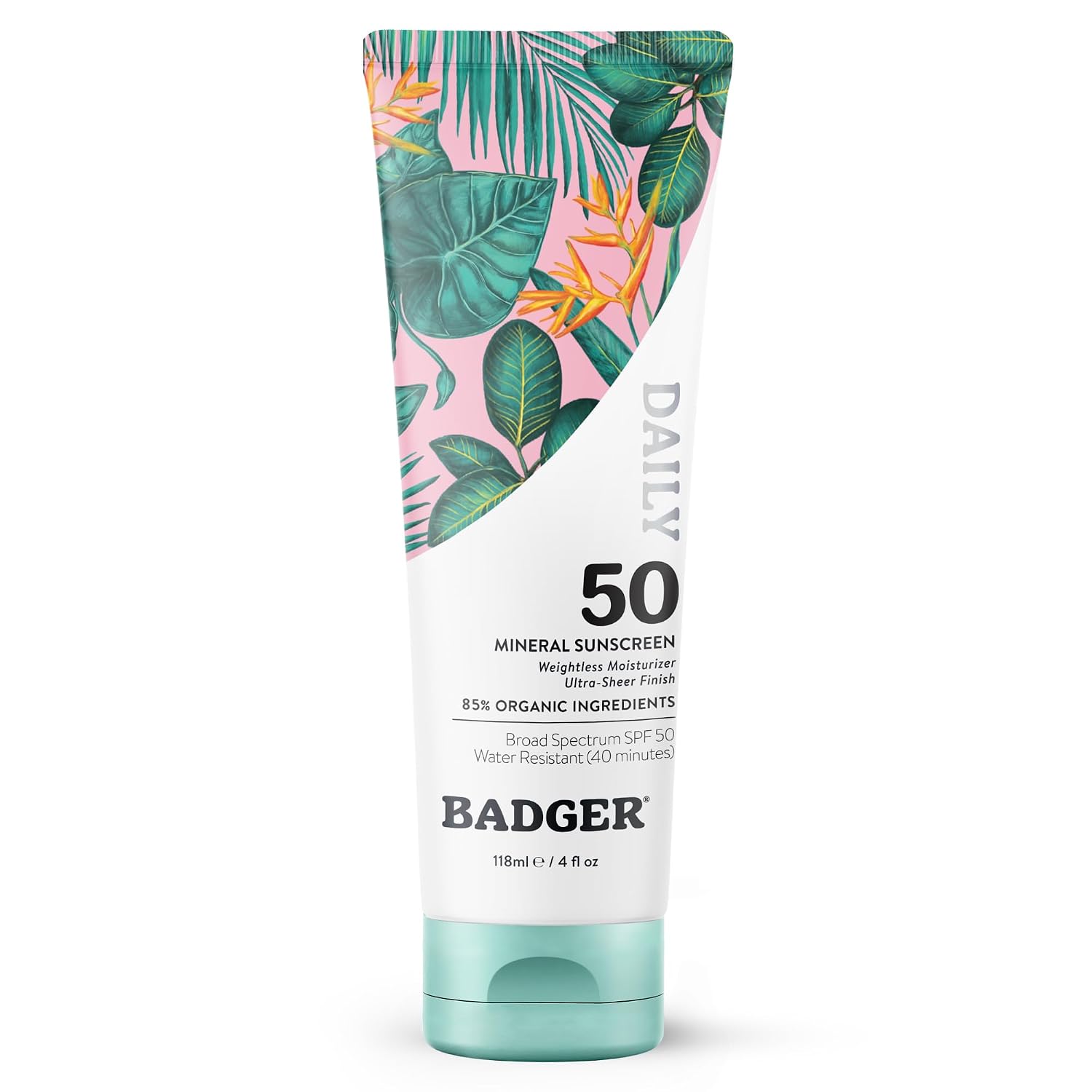 Badger SPF 50 Daily Mineral Sunscreen, Sheer Zinc Oxide, 4 fl oz