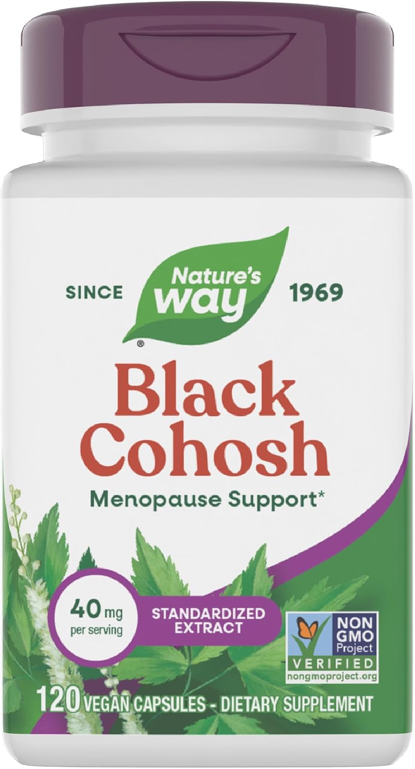 Nature’s Way Black Cohosh, Menopause Support Supplement for Women*, 120 ct | Reduces Hot Flashes and Night Sweats*, Mood and Sleep Support*, Standardized Extract Capsules, Vegan, Dairy Free, Gluten Free