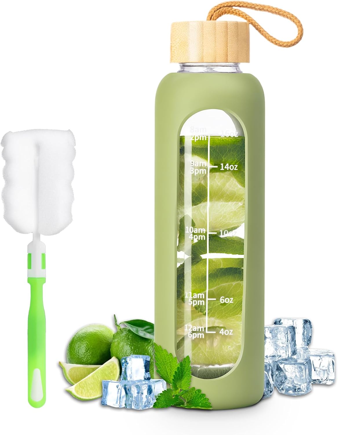 FrutPunch 18 OZ Glass Water Bottles, Water Bottle with Time Marker (Green) | Leakproof Glass Water Bottles with Silicone Sleeves, Suitable for Offices and Gyms.