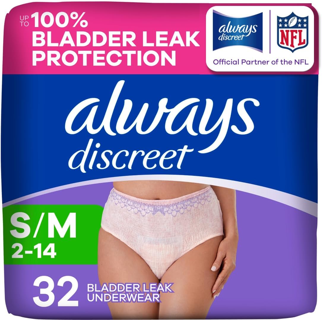 Always Discreet Adult Diapers for Women, Incontinence Underwear, Postpartum Essentials, Disposable Briefs, Max Absorbency, Bladder Leak Protection, Small/Medium, 32ct