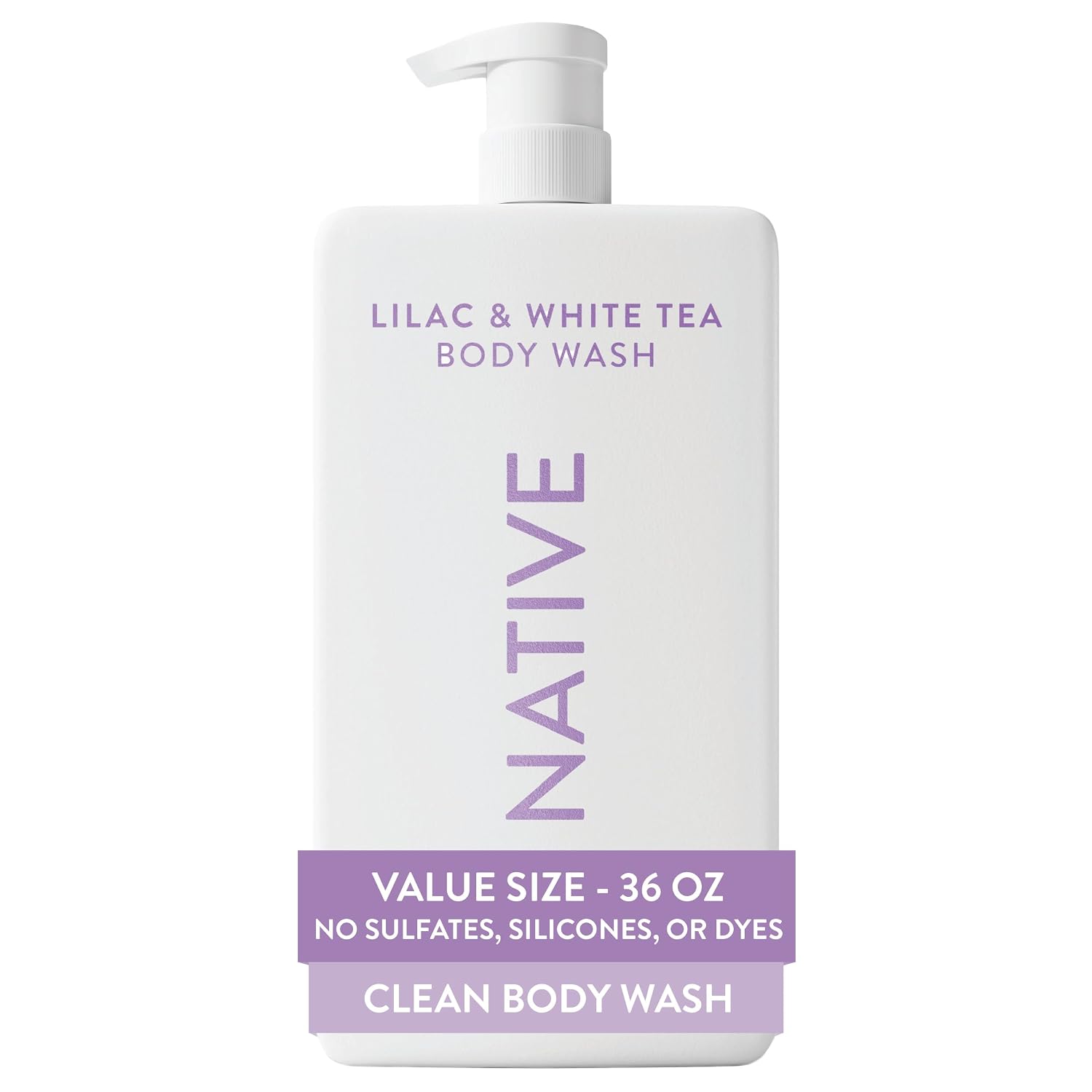 Native Clean Body Wash, Gentle & pH-balanced for Sensitive Skin, 24-Hr Freshness for Women & Men, Vegan & Cruelty-Free, Free of Sulfates, Parabens & Phthalates, Lilac & White Tea, 36 oz
