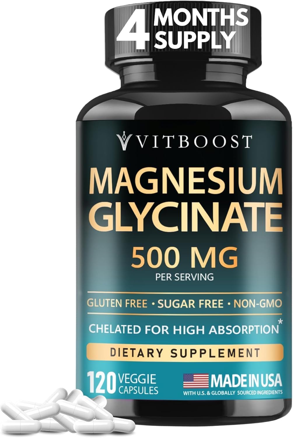 VITBOOST Magnesium Glycinate 500mg – Support Sleep 120 Veggie Capsules | Stress Support High Absorption Chelated Supplement – Non-GMO, 3rd Party Tested – Made in USA
