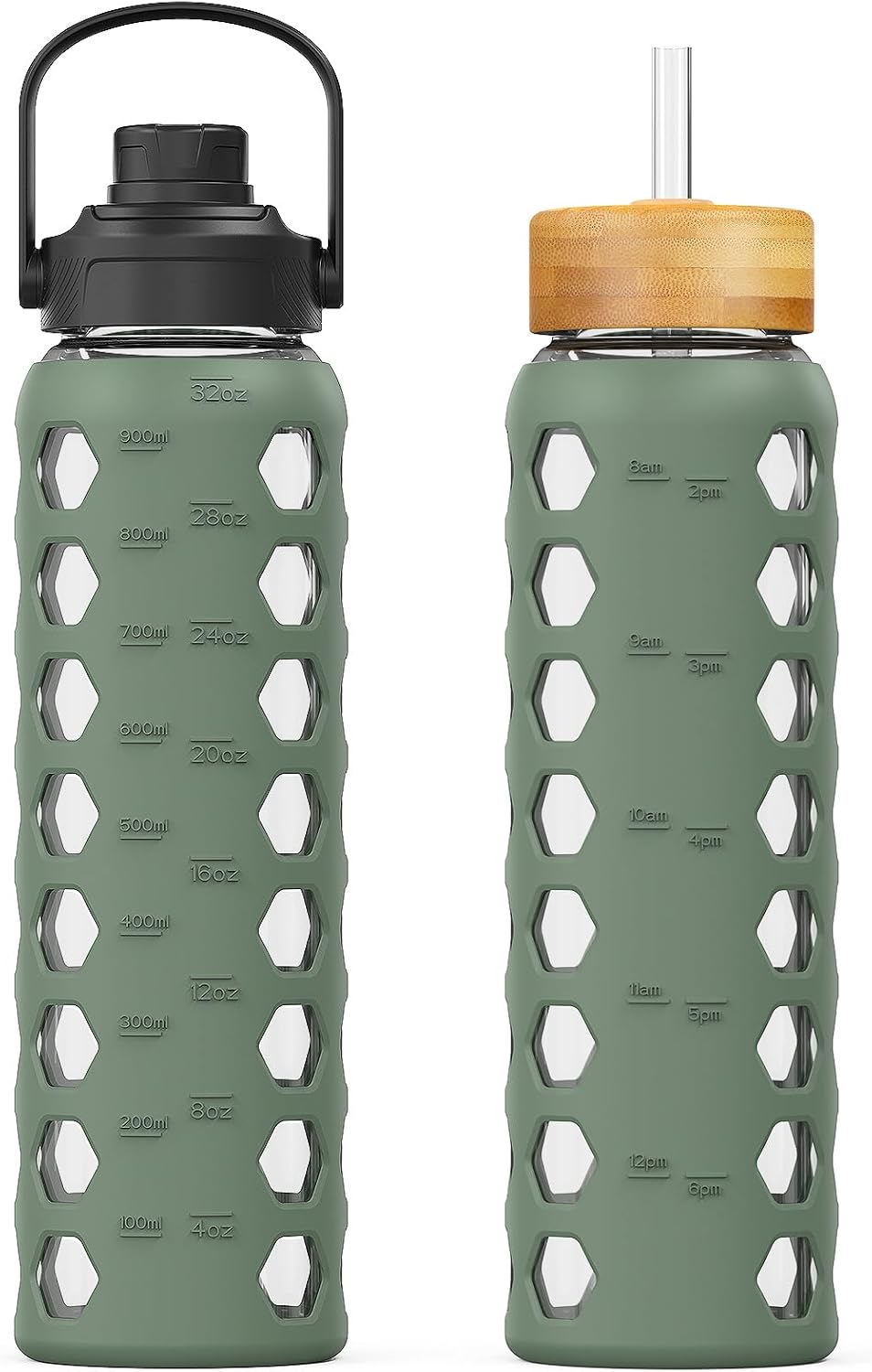 MUKOKO Glass Water Bottle, 32oz, Olive | 1 Liter Glass Tumbler, 2 Lids – Handle Spout Lid & Bamboo Straw Lid, Motivational Bottles with Time Marker, Silicone Sleeve