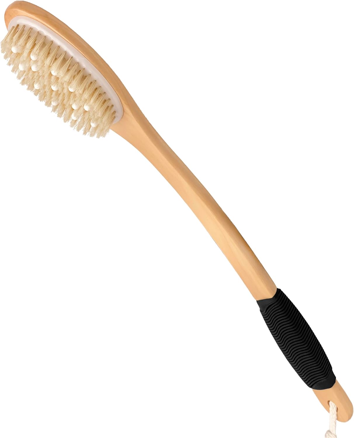 OWIIZI Bath Brush with Cellulite Massagers, Wooden Curved Long Handle Antiskid Dry Brushing Body Brush for Exfoliating, Natural Bristle Back Scrubber for Shower Use Wet or Dry for Men Women Elders