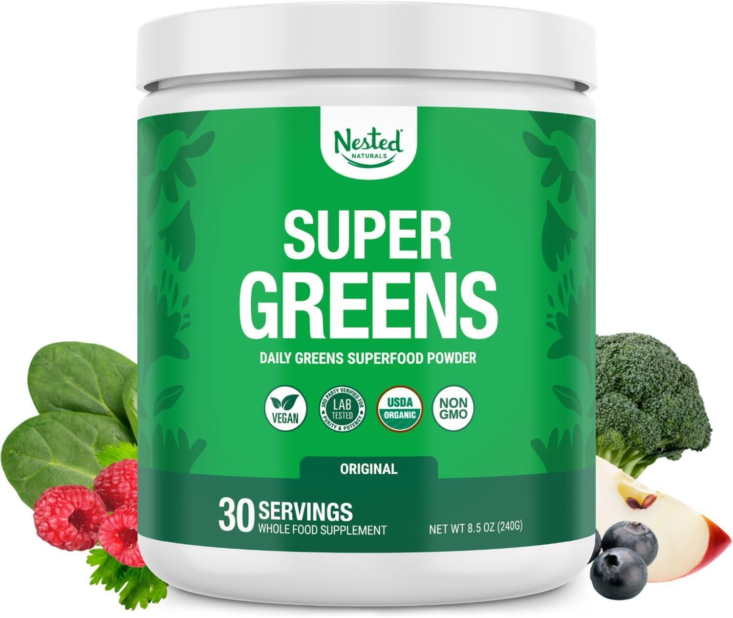 Nested Naturals Super Greens Daily Superfood Powder – Certified USDA Organic Green Powder w/20+ Whole Foods, Spirulina Powder,Wheat & Barley Grass – Probiotics, Fiber & Enzymes – Original Flavour, 30