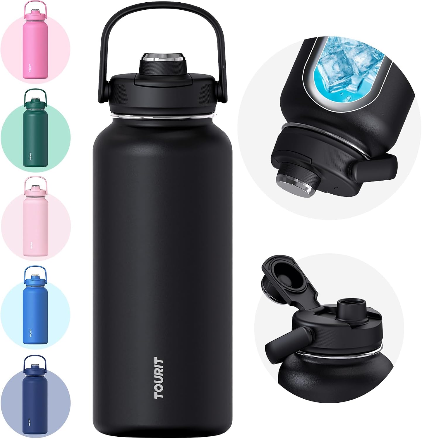 TOURIT 24 oz Insulated Stainless Steel Water Bottle, Obsidian | Double-wall vacuum thermal flask with top handle, leakproof & BPA-free design for sports, gym, hiking & travel use