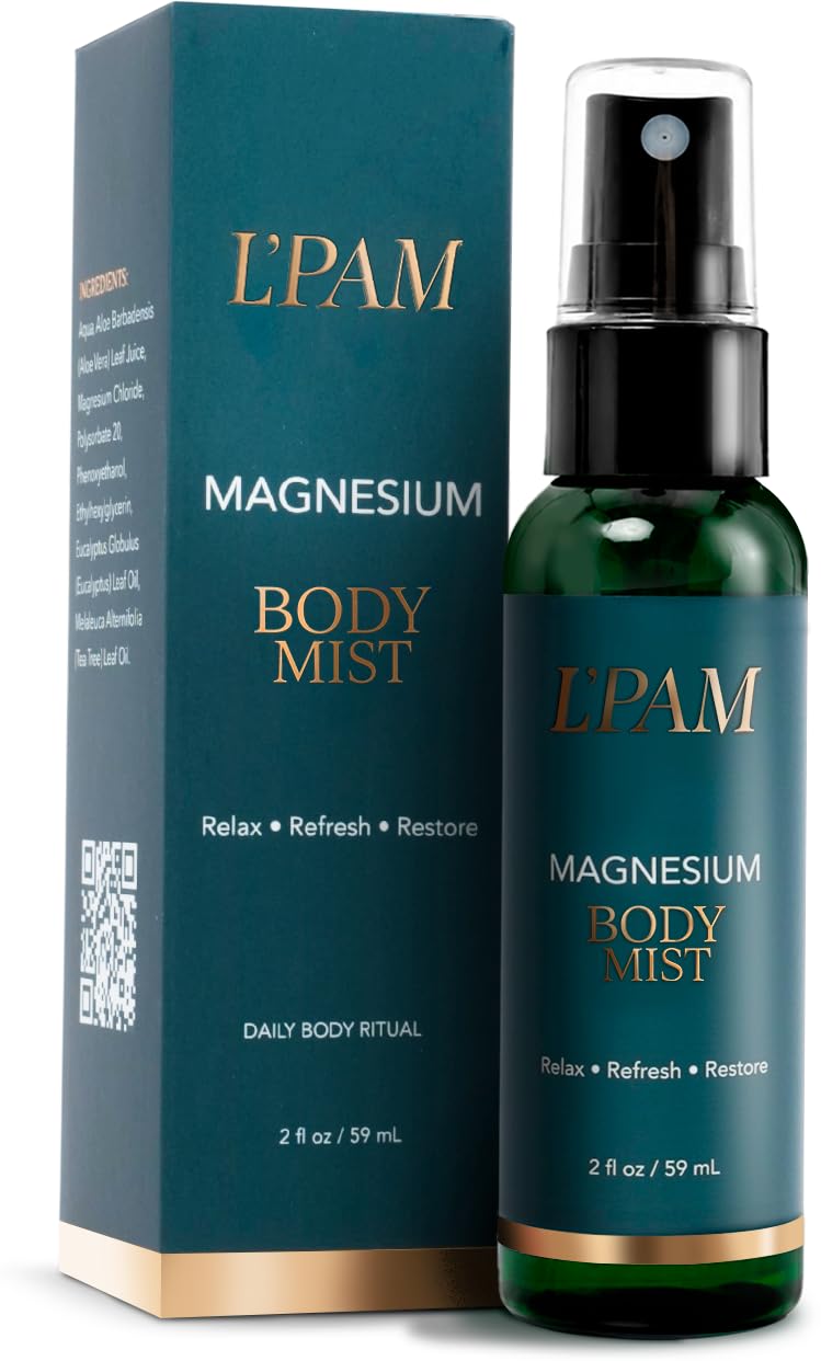 L’PAM Magnesium Body Mist, 2 fl oz, Relaxing Body Mist with Restorative Magnesium Chloride, Aloe Vera, Eucalyptus and Tea Tree Oils for Daily Body Care.