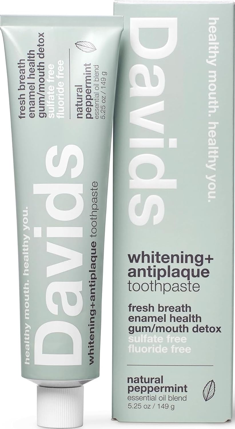 Davids Fluoride Free Toothpaste Teeth Whitening SLS Free Peppermint 5.25oz | Antiplaque Protection, Promotes Enamel Health, Supports Mouth & Gum Detox, EWG Verified, Peppermint Toothpaste