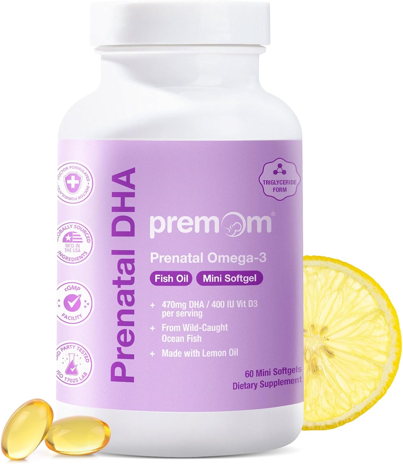 Premom Prenatal DHA Fish Oil, 470mg DHA, 200mg EPA, & 400IU Vitamin D3