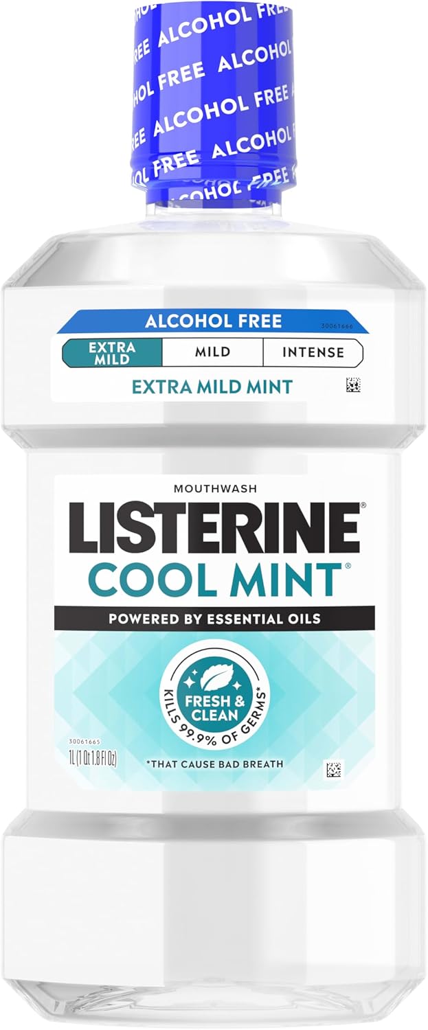 Listerine Extra Mild Alcohol Free Mouthwash, Cool Mint, 33.8 fl. oz/1L
