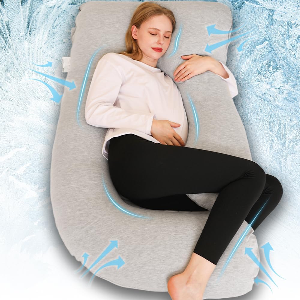 Chilling Home Pregnancy Pillow, Full Body Maternity Pillow for Pregnant Women, 63 inch Comfort U Shaped Pillow with Removable Washable Cover Cooling Jersey – Grey