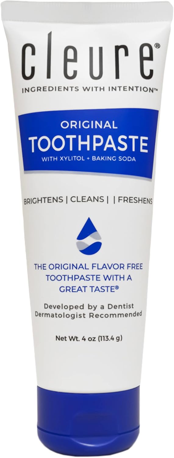 Cleure Fluoride Free Toothpaste, SLS & Mint Free (4oz Tube, 1 Pk) | Original Formula for Adults with Sensitive Mouths with Xylitol – Flavor free, SLS Free & No Mint, Made in the USA