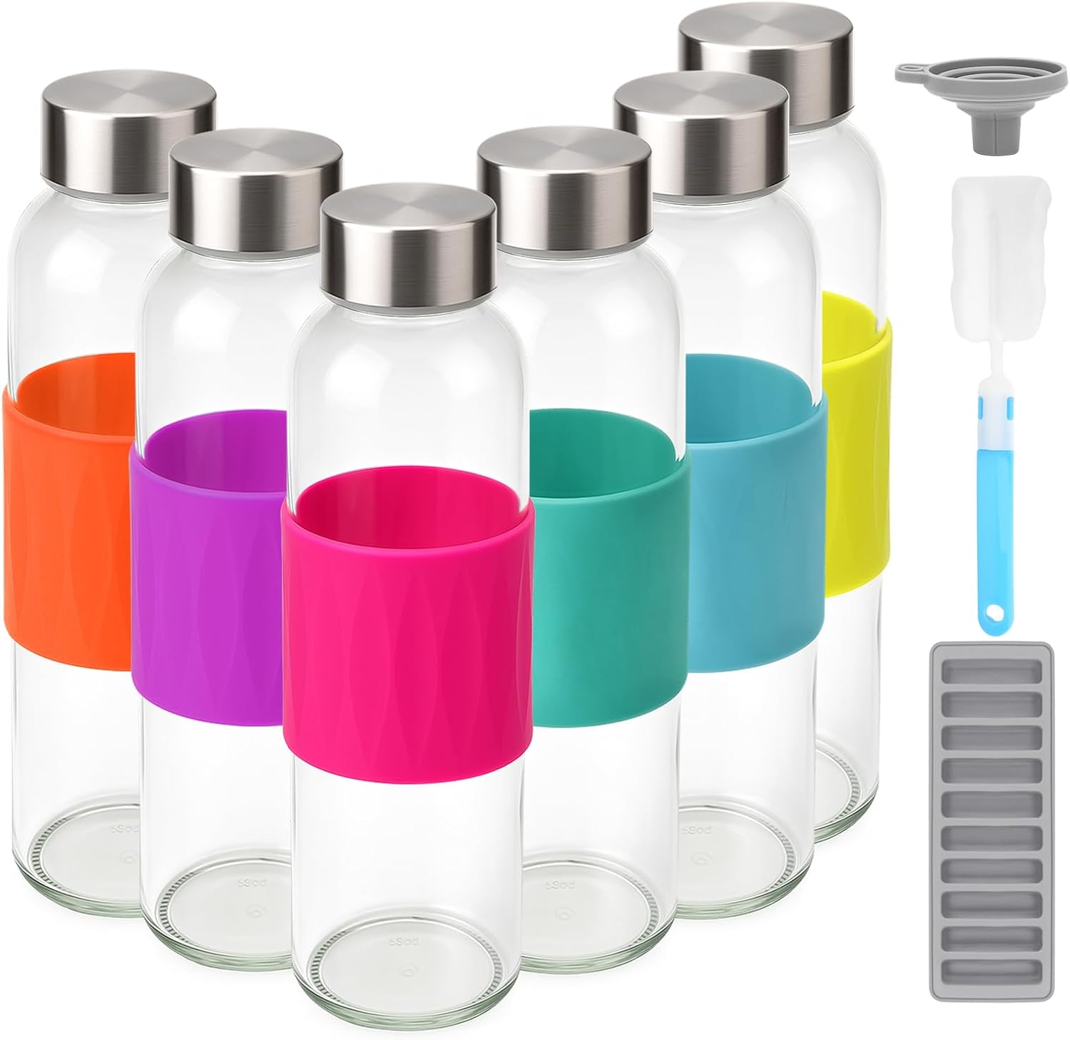 Zukro 18oz Glass Juice Bottles with Stainless Steel Lids Leak Proof 6 Pack | BPA Free, Reusable Glass Container with Silicone Grip Band for Juicing, Water, Smoothie, Homemade Beverages, Dishwasher Safe