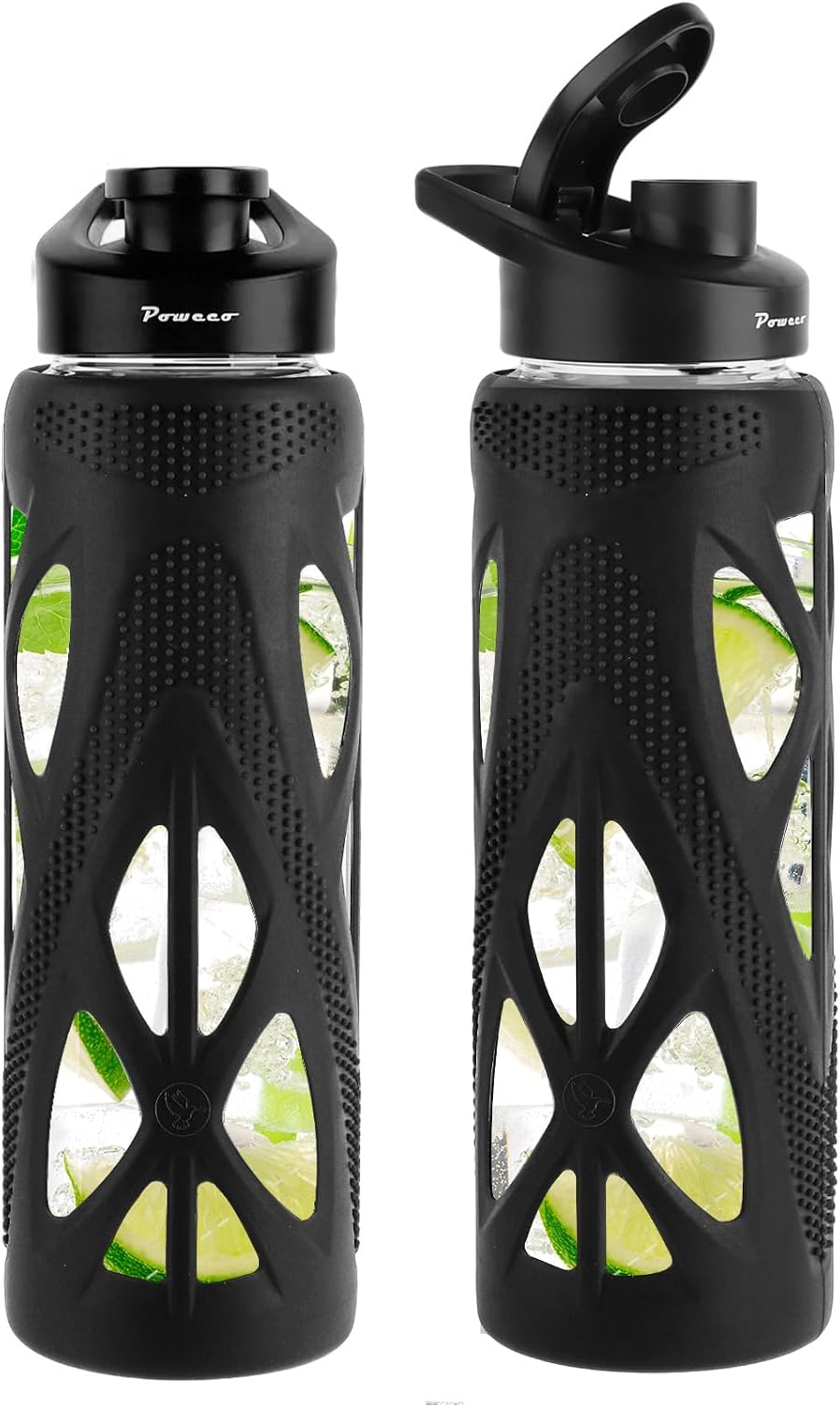 24 oz Glass Water Bottles with Silicone Sleeve and Flip Lid – Borosilicate Glass, Leakproof, BPA-Free, Perfect for Coffee, Tea and Water (Deep Black)