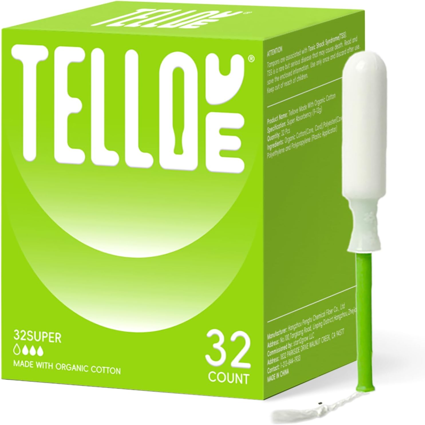 Tellove Organic Tampons, Super, 32 Count, Gentle on Sensitive Skin | 100% Organic Cotton Core, Featuring 360° Comfort-Expand Technology for reliable leak defense, BPA-Free Long Applicator