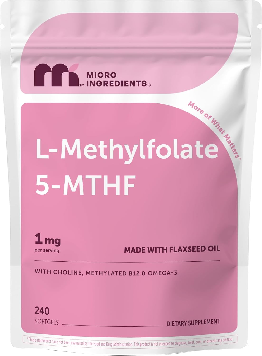 Micro Ingredients L-Methylfolate 1000mcg, 240 Softgels | 5-MTHF Active Folate with Methylcobalamin B12, Choline & Flaxseed Oil | High Absorption Methylated B9 Supplement for Methylation Support