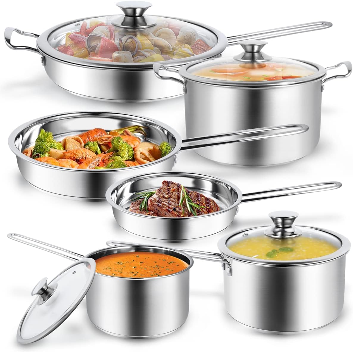 Aufranc 10-Piece Pots and Pans Set, Stainless Steel Cookware Set- Includes Ergonomic Handle Saucepans, Skillets, Dutch Oven, Stockpot, Steamer & More – Premium Pots and Pans for Home Chefs