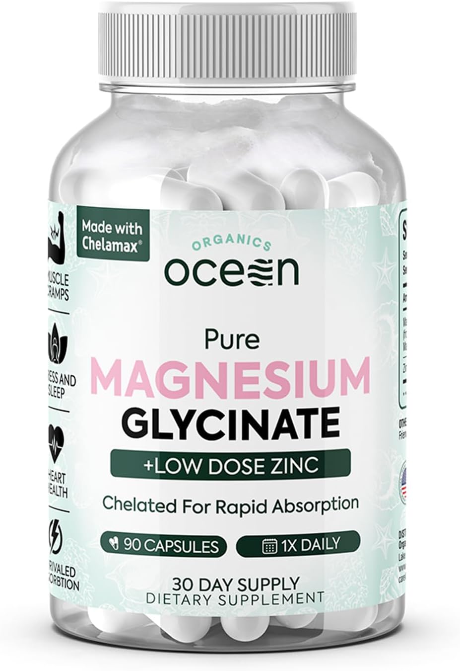 Organics Ocean Pure Magnesium Glycinate with Zinc – Maximum Strength Chelated Magnesium Supplement for Women and Men for Muscle Cramps and Sleep Support – 90 Capsule