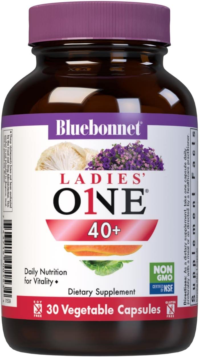 Bluebonnet Nutrition Ladies’ ONE 40+ Whole Food-Bed Multiple, Women Multivitamin for Women 40+, Soy-Free, Non-GMO, Gluten Free, 30 Vegetable Capsules, 30 Servings | Non-GMO, Soy-Free