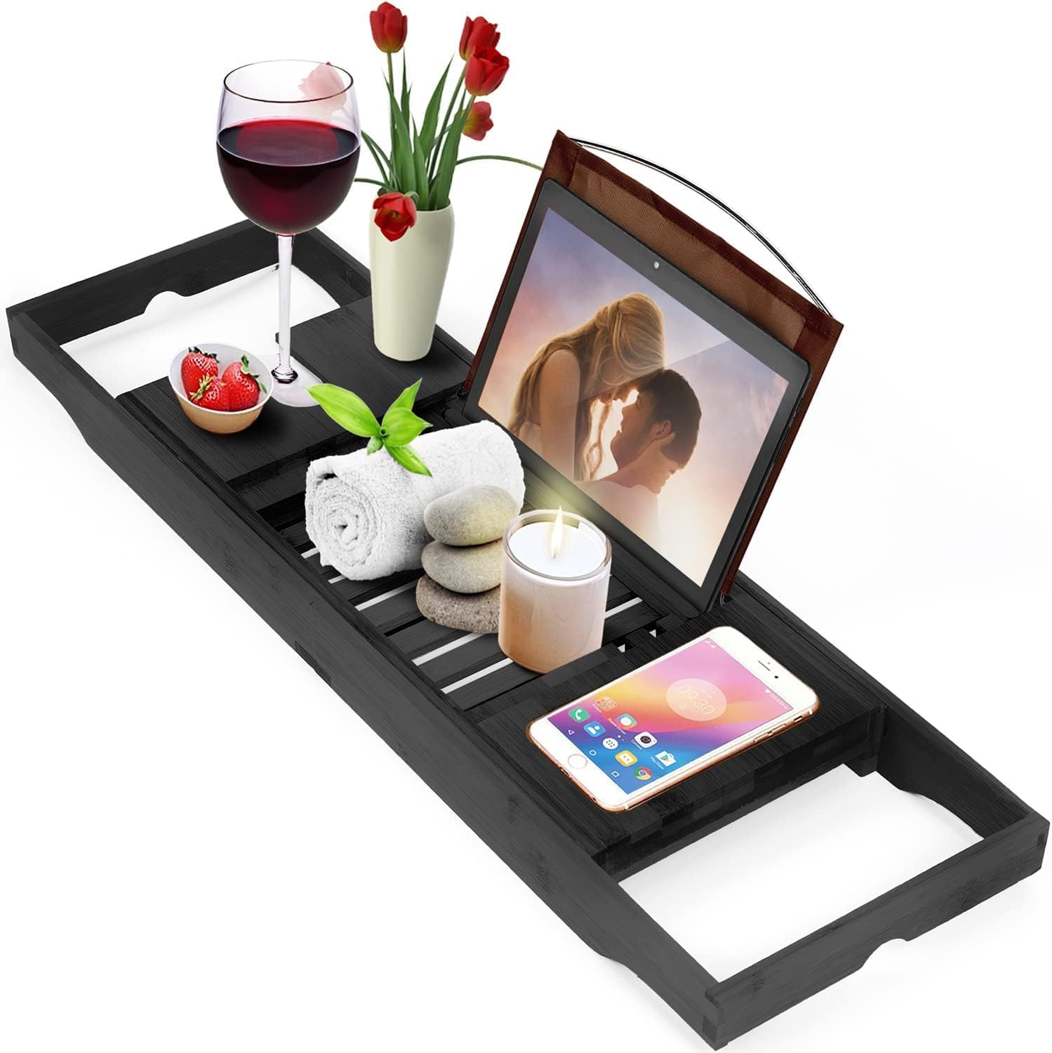 Homemaid Living Luxury Bamboo Bathtub Trays for Tub – Expandable Bathroom Tray with Reading Rack or Tablet Holder, Premium Bath Tray with Wine Glass Holder, Bathroom Caddy, Fits All Bathtubs (Black)