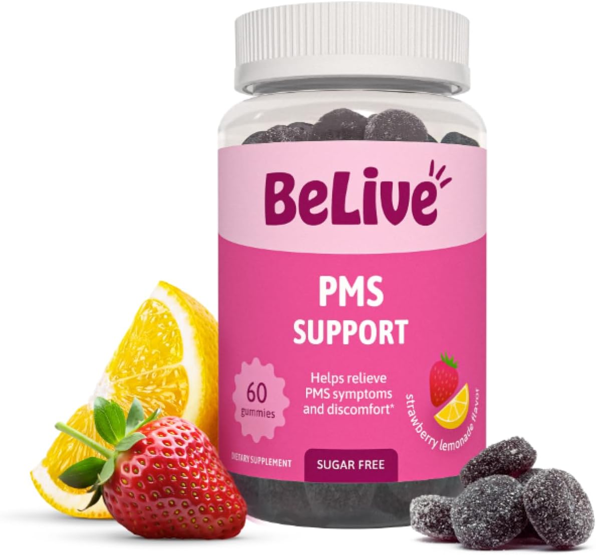 BeLive PMS Relief Support Gummies Supplement for Women, Zero Sugar, 60 Ct | Alleviates Cramps, Bloating, Mood Swings, Hot Flashes & Night Sweats – Delicious Strawberry Lemonade Flavor – 60 Gummies