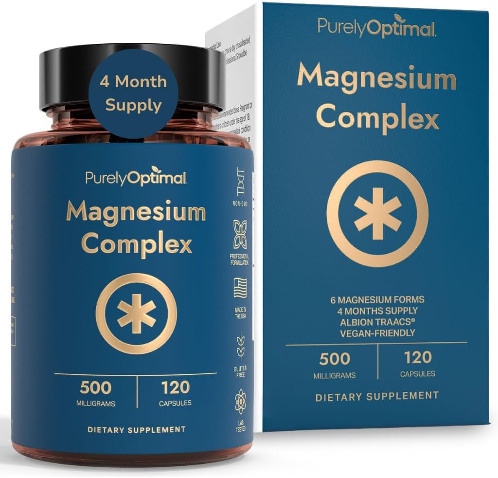 Purely Optimal Magnesium Complex – 6 Forms Magnesium Glycinate, Citrate & Malate – Sleep Support, Stress Relief, Muscles, Heart Health & Relaxation – Magnesium Supplement for Women & Men, 120 Caps