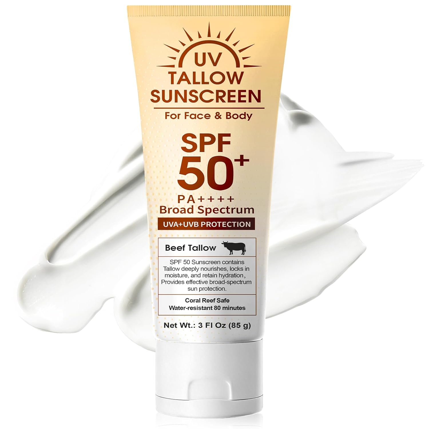Beef Tallow Reef Safe Sunscreen SPF 50 for Face, Natural Grass-Fed Beef Tallow,Mineral Non-Nano Zinc Oxide Sunblock,Moisturizing Mineral Sunblock for Summer Outdoor Sports Beach Daily Use,85g
