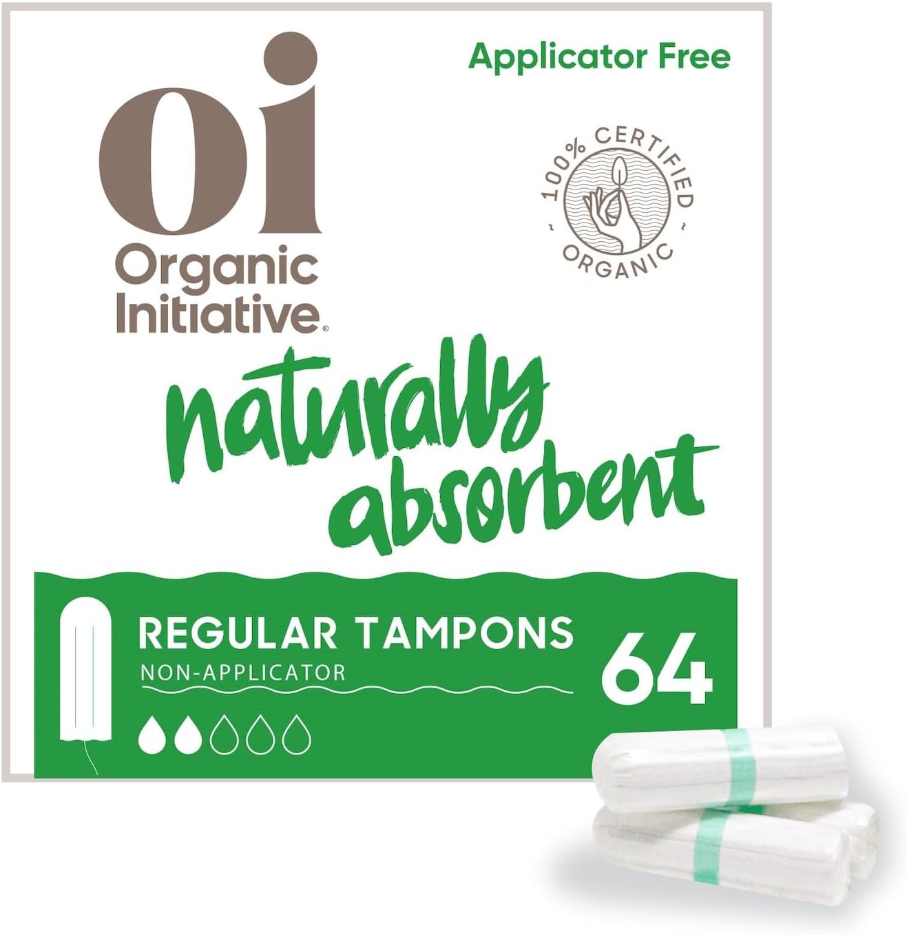 Oi | Organic Initiative – 100% Certified Organic Cotton Non-Applicator Tampons | Ultra-Absorbent, Unscented, Natural, Non-Toxic, Applicator Free | Regular | 64 Count