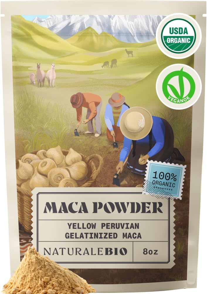 NaturaleBio Maca Powder Organic 8 oz. Peruvian, Natural and Pure, from Organic Maca Root. Vegetarian and Vegan Friendly – Gelatinized. Gelatinized for Enhanced Bioavailability. Ideal for Smoothie.