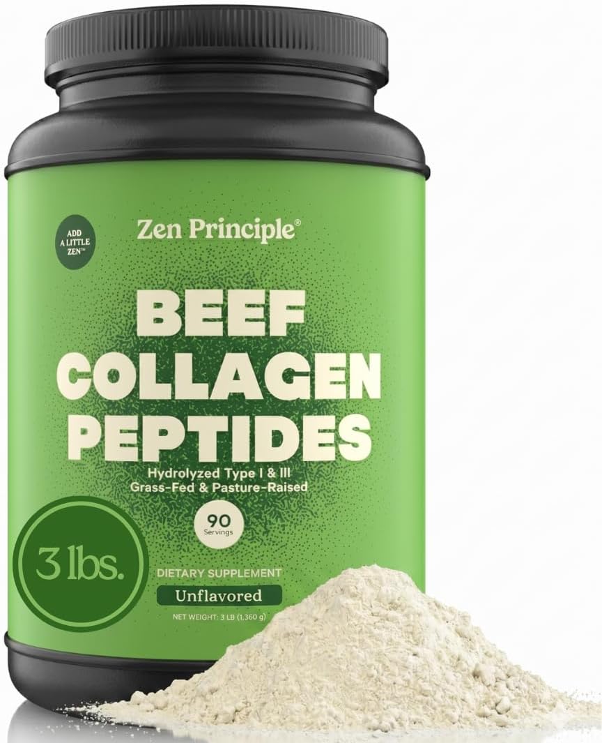 Zen Principle Grass-Fed Agglomerated Hydrolyzed Collagen Peptides 3 lb. Anti-Aging Protein for Healthy Hair, Skin & Joints. Paleo Friendly, GMO and Gluten Free, Pasture-Raised Bovine.