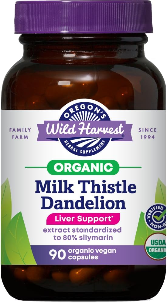 Oregon’s Wild Harvest Certified Organic Milk Thistle Dandelion Capsules Liver Support Extract Standardized to 80% Silymarin, 90 Count