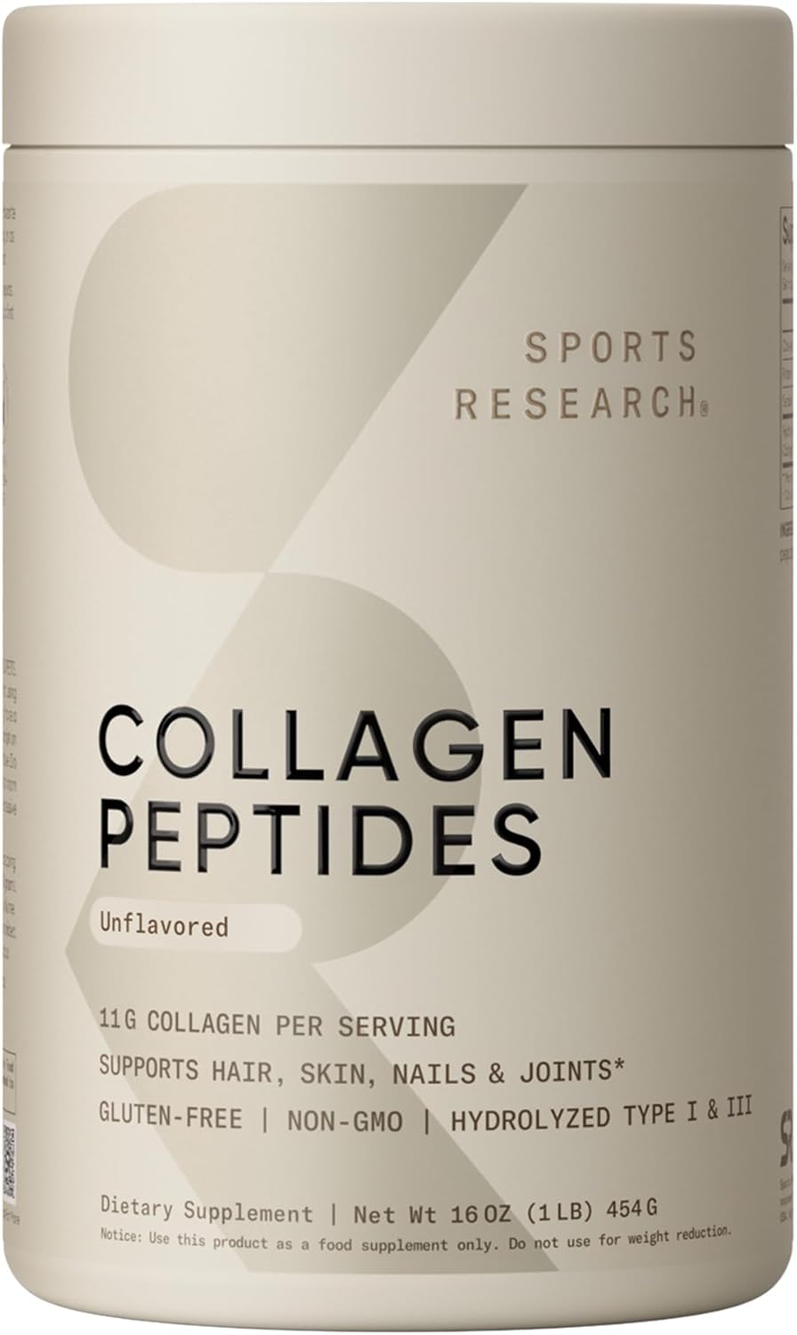 Sports Research® Collagen Peptides Protein Powder 16oz (Unflavored) | 11g Grass-Fed Collagen per Scoop · Hair, Skin & Joint Support · Easy to Mix in Coffee & Shakes – 41 Servings