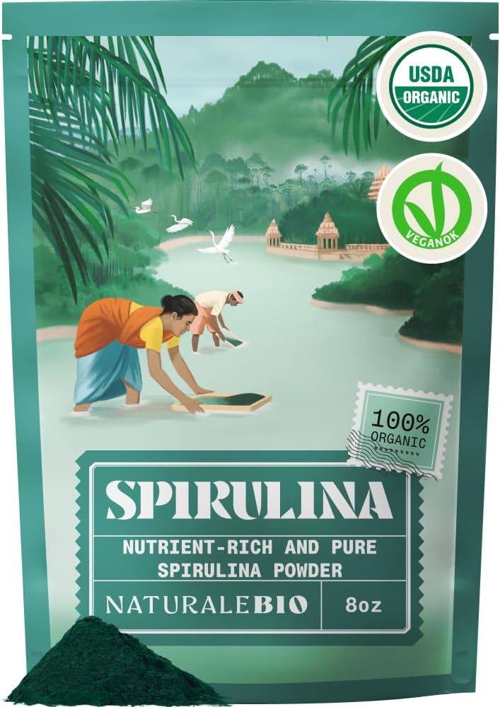 NaturaleBio Spirulina Powder Organic 8 oz. Natural and Raw Spirulina Algae Powder. Vegan and Pure. Cultivated in India in Tamil Nadu. Ideal for Drinks, Smoothies and Recipes.