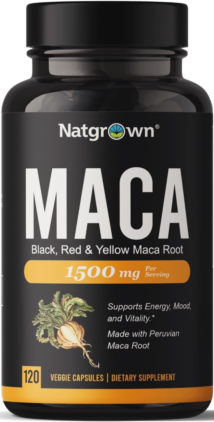 Natgrown Organic Maca Root Powder Capsules – Black, Red & Yellow – 120 ct | 1500 mg per Serving, Gelatinized Peruvian Maca Supplement for Men & Women – Non-GMO, Gluten-Free, Vegan