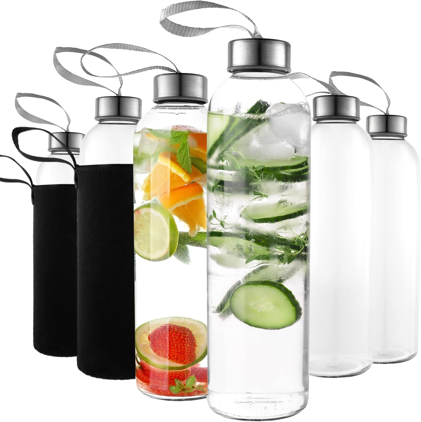 Kitchen Lux 16 oz Glass Water Bottles (Set of 6) w Nylon Protective Sleeves | Reusable Stainless Steel Lids Carrying Strap And Nylon Water Bottle Protective Sleeves for Hot Or Cold Drinks