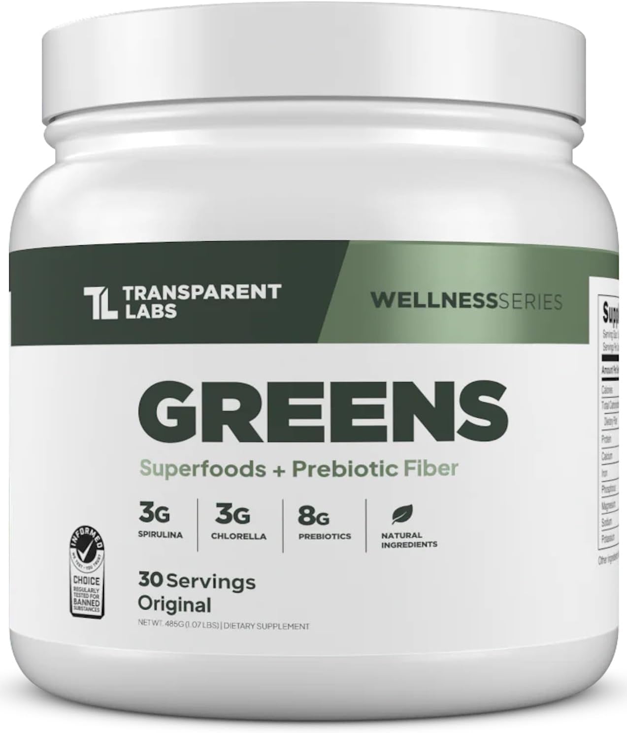 Transparent Labs Prebiotic Greens – Superfood Powder & Antioxidants Supplement with Organic Spirulina, Chloerra, Acacia, & Green Banana Powder – 30 Servings, Unflavored