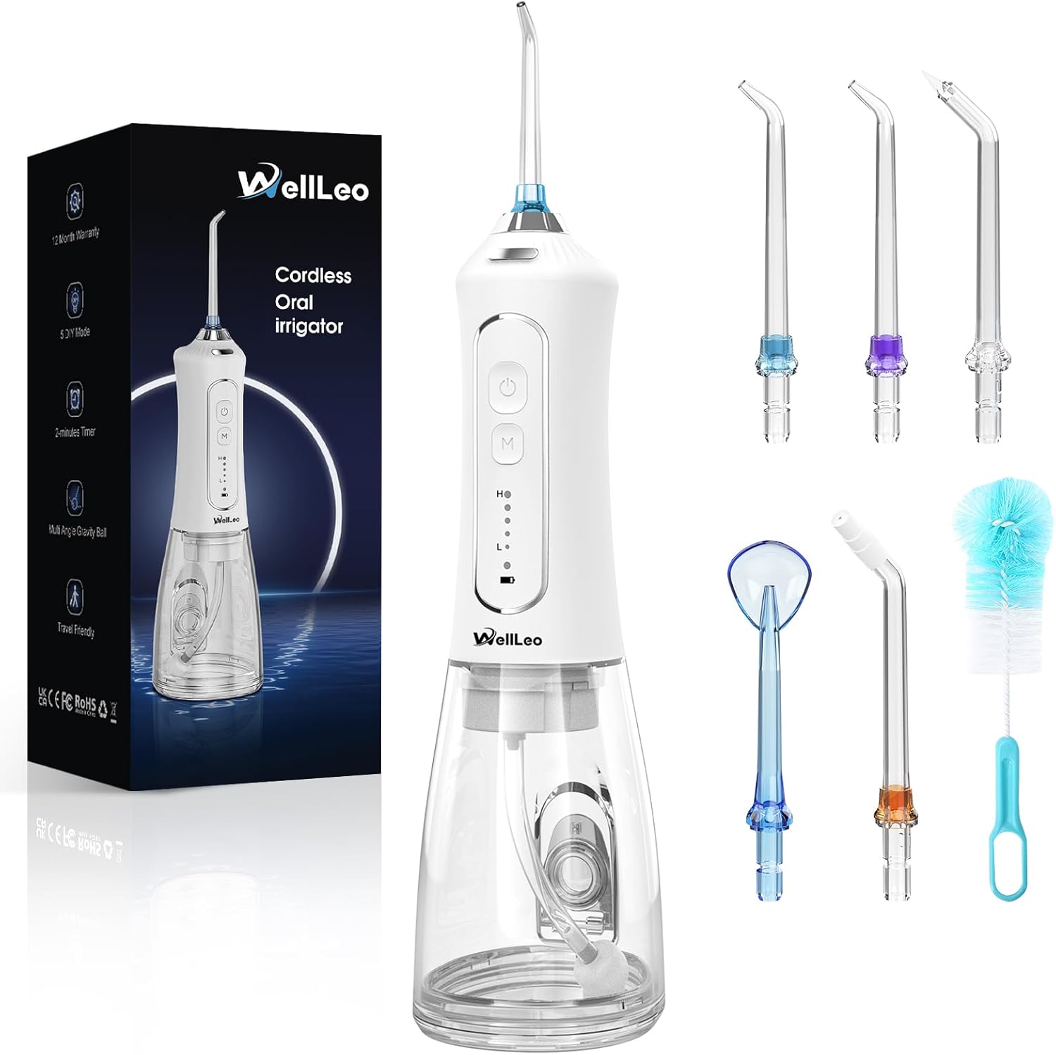 WellLeo Water Flosser for Teeth, 300ML Cordless Oral Irrigator Rechargeable Dental Flosser Picks with 5 Modes 5 Jet Tips,IPX7 Waterproof Teeth Cleaner for Braces Gum Care, Home Travel Use