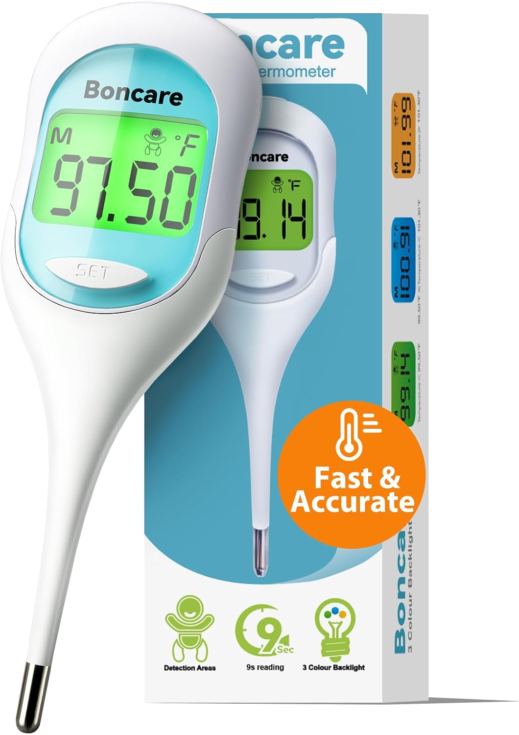 Boncare 9 Seconds Digital Basal Thermometer (Blue) | Accurate Oral & Rectal Thermometer for Adults & Kids, Fever Alarm, Large Display