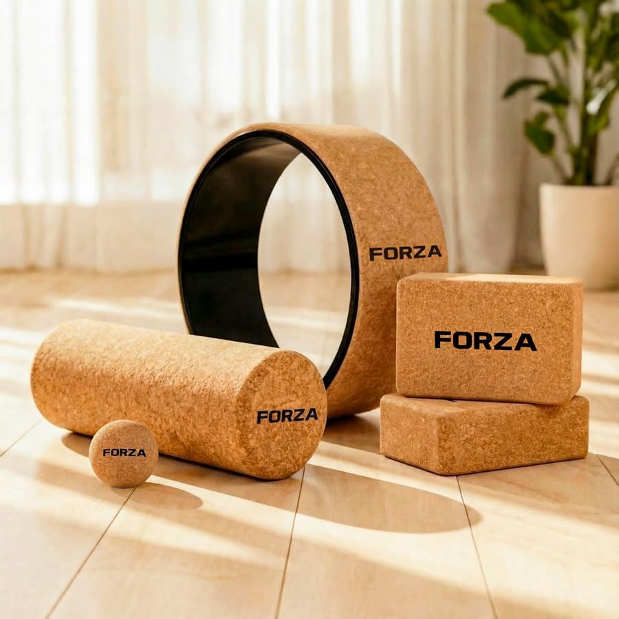 FORZA Natural Cork Yoga Accessories Bundle – Yoga Wheel, Cork Roller, Massage Ball & Cork Blocks – Eco-Friendly Fitness, Mobility & Recovery Set for Yoga, Pilates & Physiotherapy