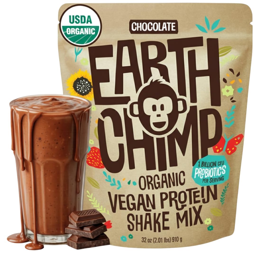 EarthChimp Organic Vegan Protein Powder – with Probiotics – Non GMO, Dairy Free, Non Whey, Plant Based Protein Powder for Women and Men, Gluten Free – 26 Servings 32 Oz (Chocolate)