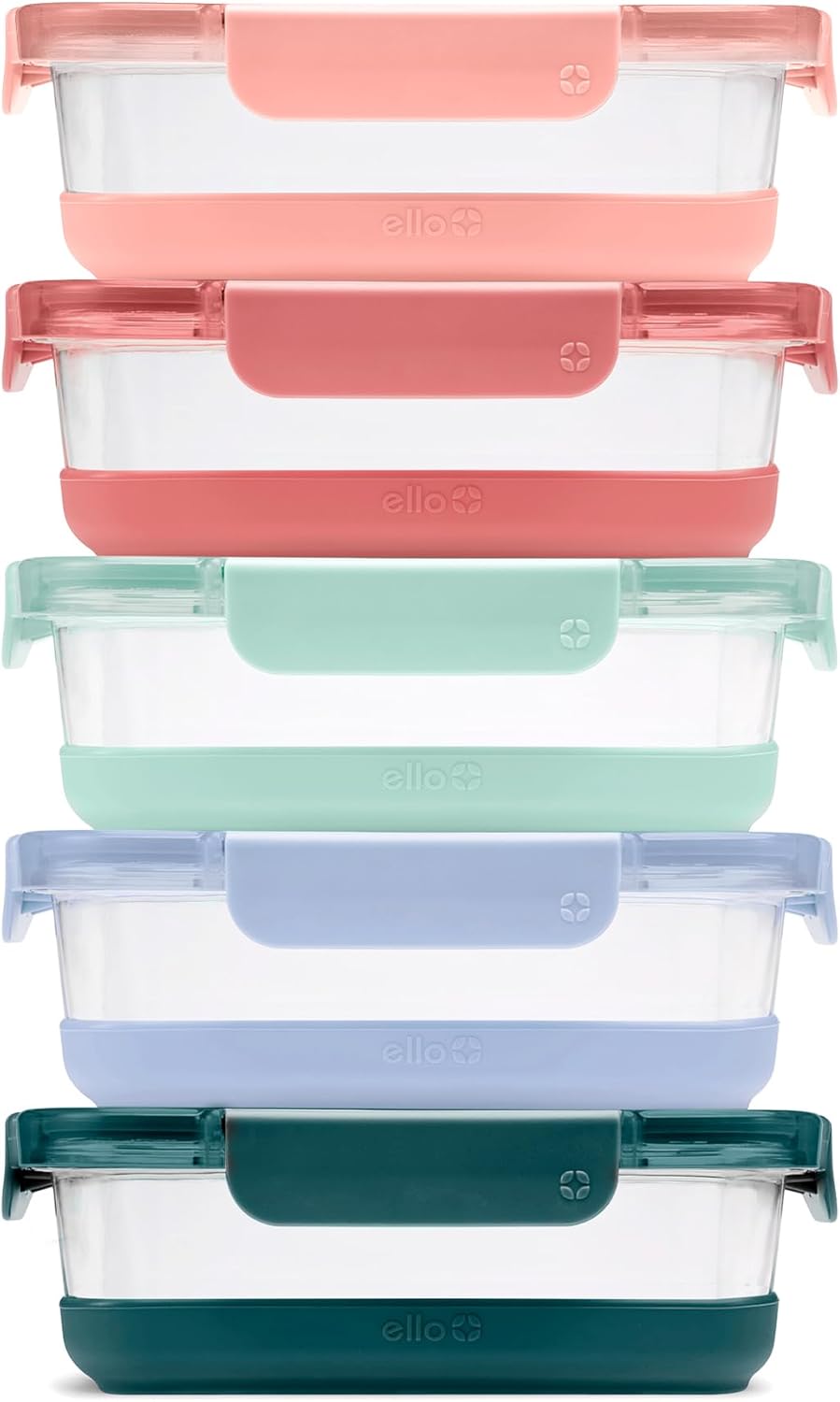 Ello Duraglass Refresh 3.4 Cup Meal Prep Containers, 10 Pc, Melon | Glass meal prep container set with silicone boots, airtight leakproof BPA-free lids, microwave, freezer & dishwasher safe