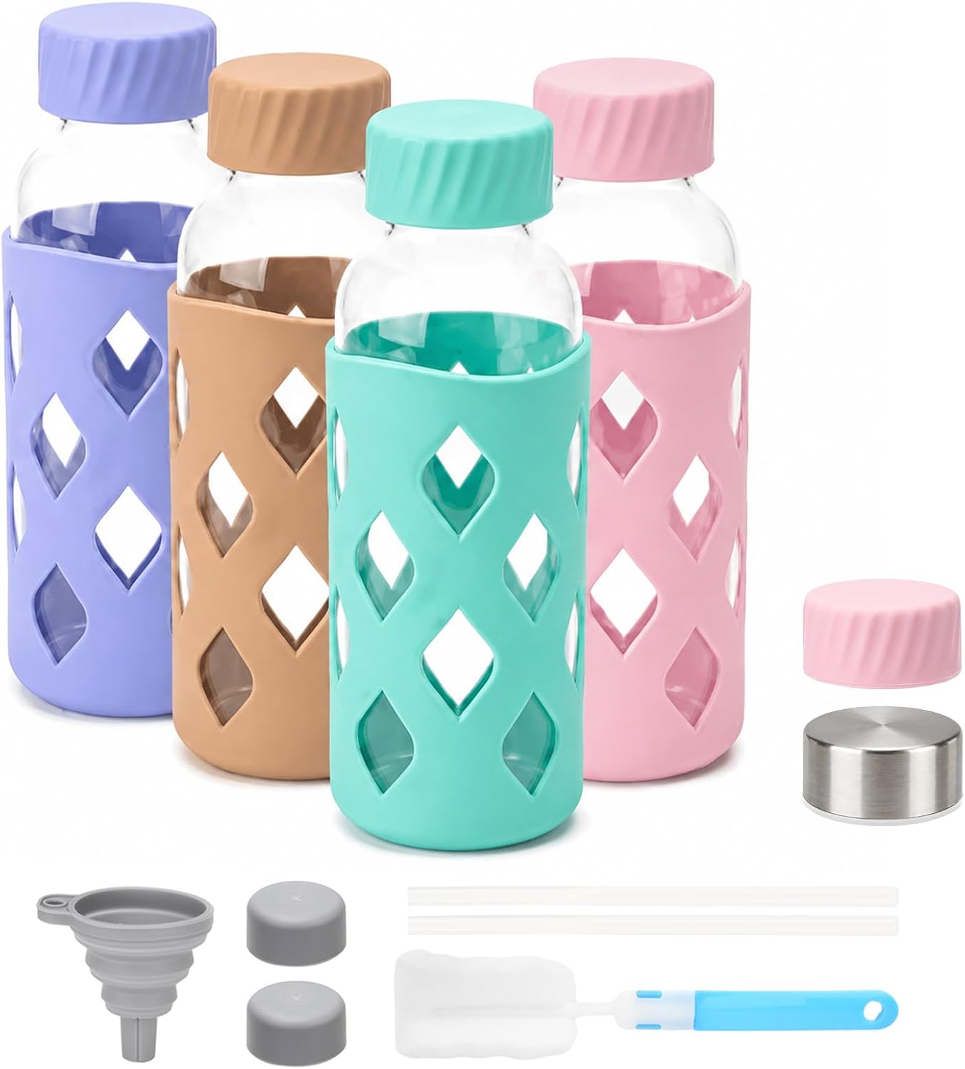 Zukro 16 oz Glass Water Bottles with Protective Silicone Sleeve Leak Proof | 4 Pack, 2 Straw, Stainless Steel Lid, BPA Free Non-Slip Reusable Travel Glass Drinking Bottle for Juicing, Dishwasher Safe