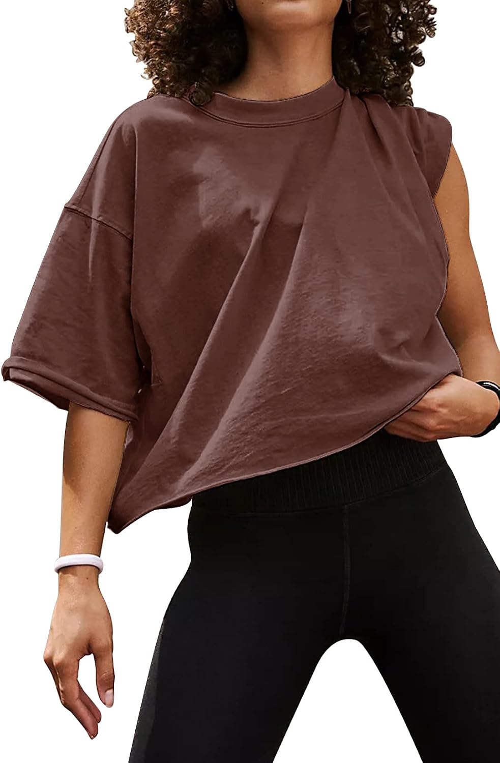 HUGOOME Womens Oversized Workout Crop Top Casual Short Sleeve Boxy Roll Hem