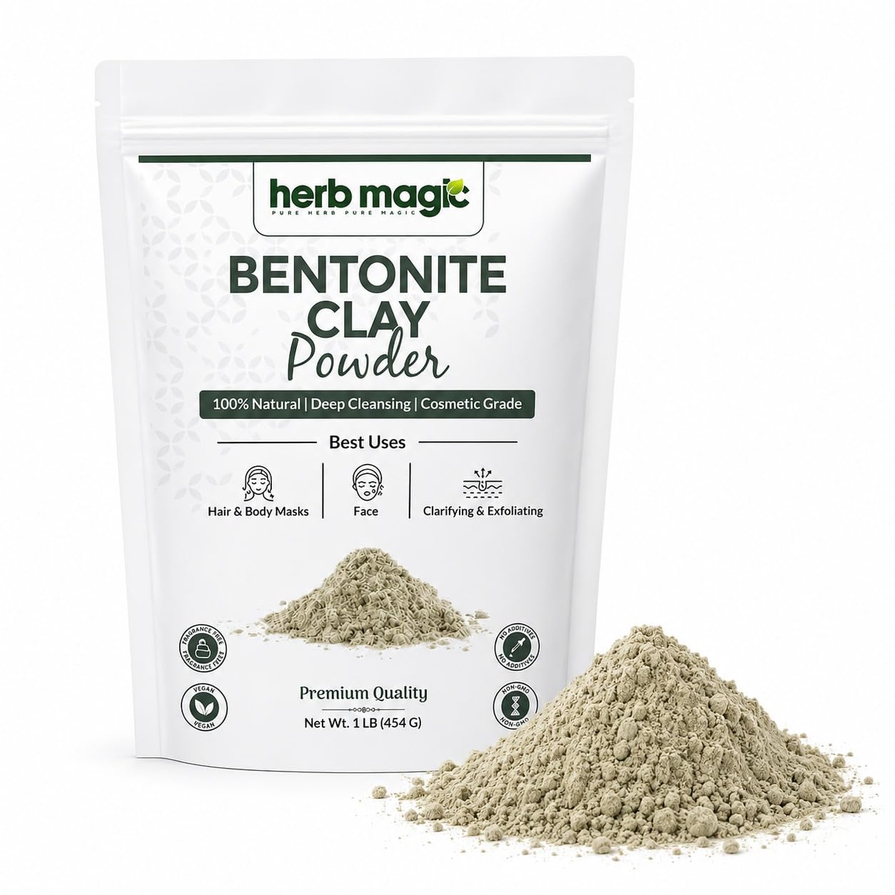 Herb Magic Calcium Bentonite Clay Powder, Natural Face & Body Mask, 1 lb | Ultra-Fine Clay Mixes Into Velvety Masks That Draw Out Oil & Impurities. For Face, Body, Hair & DIY Soap. No Additives.