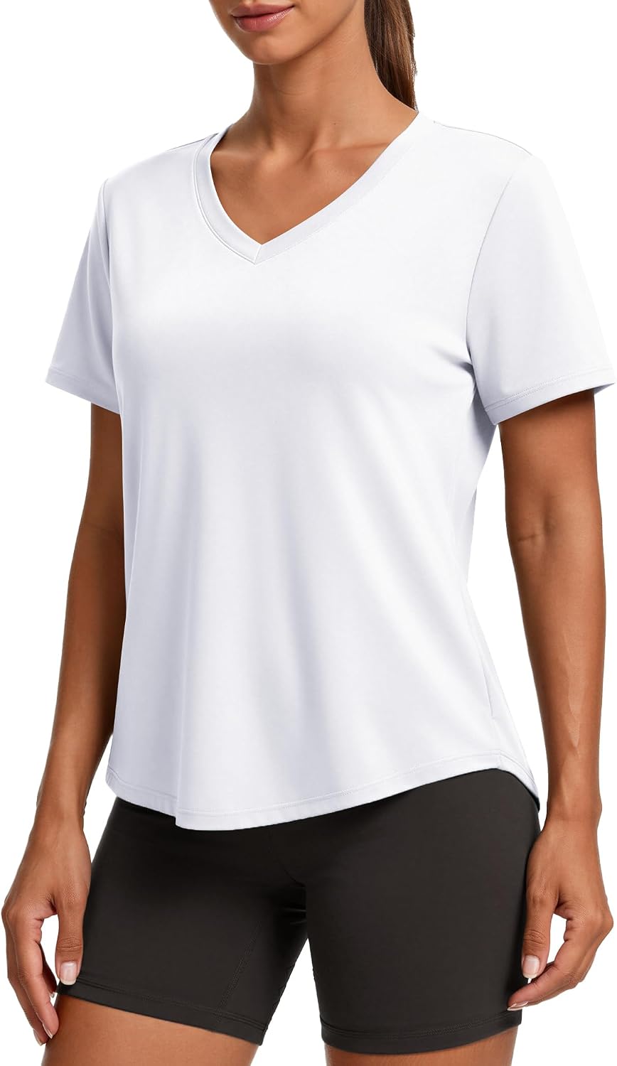 PINSPARK V Neck Workout Tops for Women Short Sleeve Quick Dry Shirts