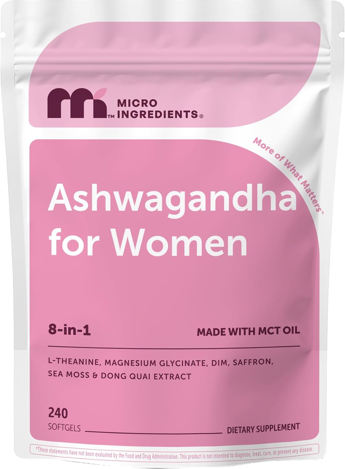 Micro Ingredients Ashwagandha for Women 600 mg Per Serving, 240 Softgels | 8-in-1 Ashwagandha Supplement with Magnesium Glycinate, L-Theanine, Sea Moss | Made with MCT Oil | Non-GMO, Gluten Free